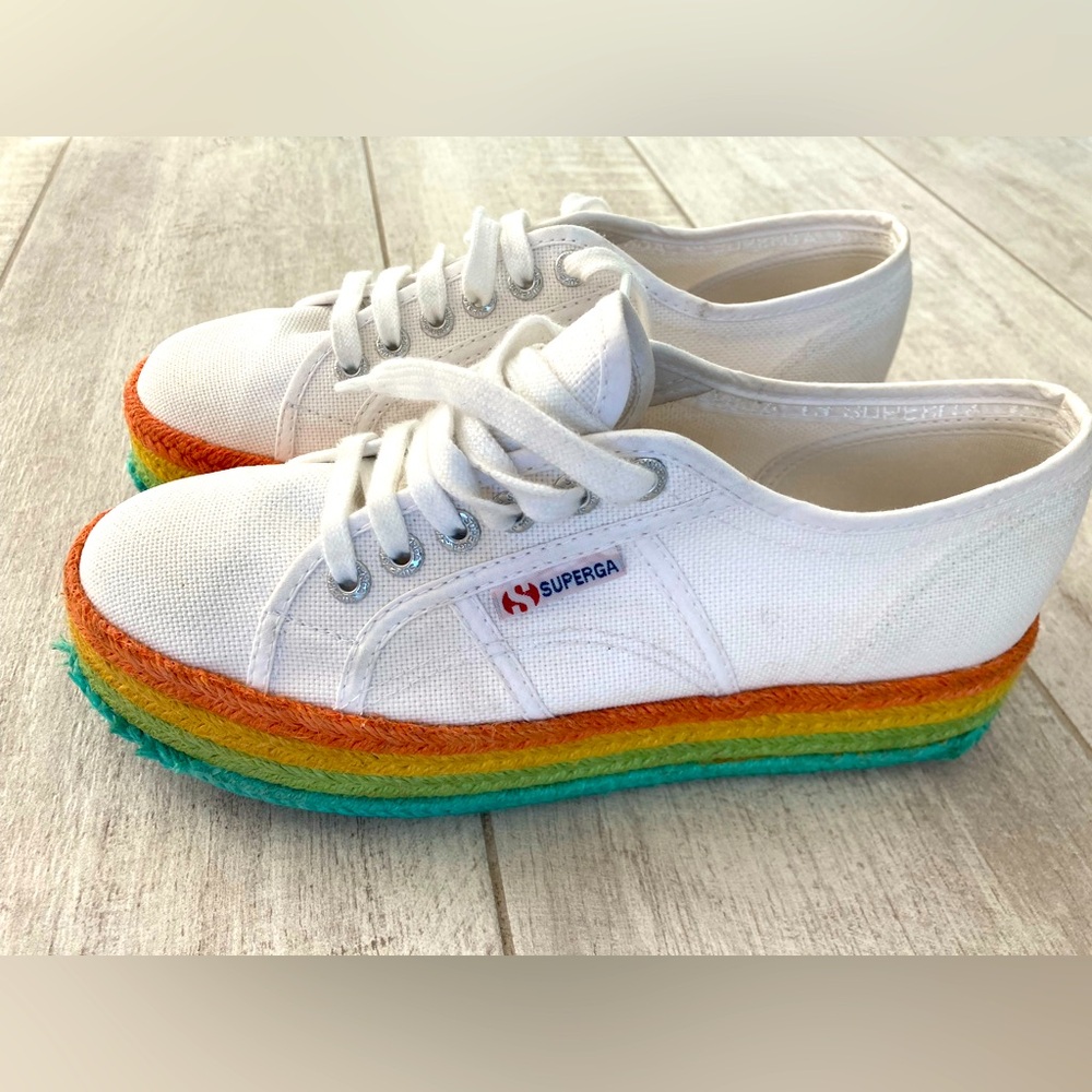 Superga 2790 White and Rainbow Platform Sneakers Women's 8 US or 39EU